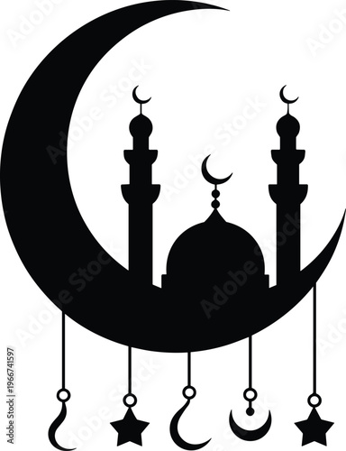 Islamic mosque silhouette with crescent moon and hanging stars, Ramadan Eid Mubarak religious decoration symbol isolated, flat vector illustration