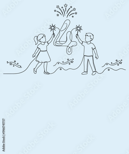 Continuous line art of children celebrating 4th birthday, boy and girl holding sparklers by number four, minimalist fourth anniversary vector