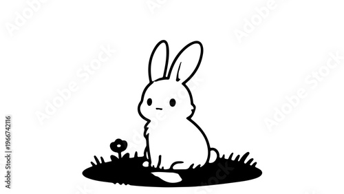 A cute cartoon bunny character sits in the spring nature with colorful Easter eggs in this happy holiday vector illustration