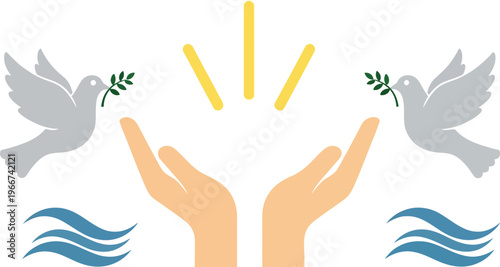 Two white doves carrying olive branches flank cupped hands under shining light above stylized blue water waves.