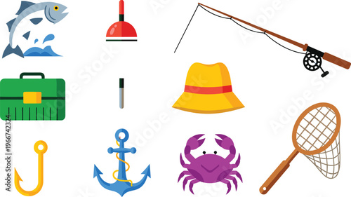 Fishing Gear Collection with Fish, Rod, Hat, Anchor, Crab, Hook, and Outdoor Accessories for Marine Sports and Adventure
