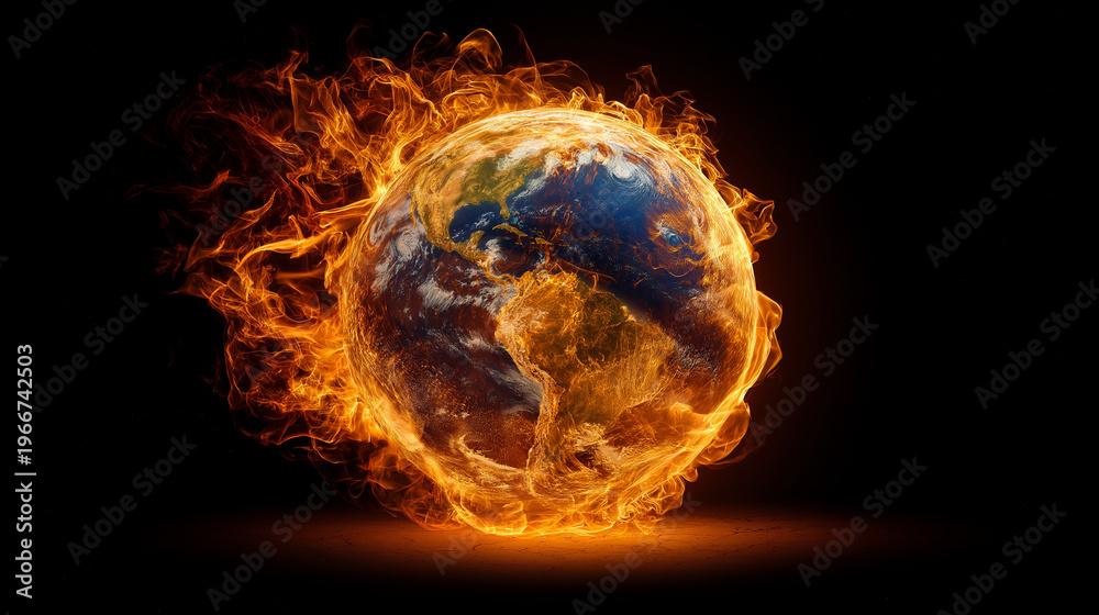 Fototapeta premium Burning Earth in Flames – Global Warming, Climate Change Catastrophe and Environmental Disaster Concept Illustration