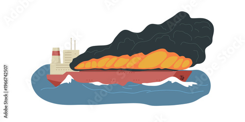 Container ship or gas carrier crashes in open sea, fire on cargo vessel. Vector illustration. Suitable for maritime accident awareness, industrial safety campaigns, emergency response visuals