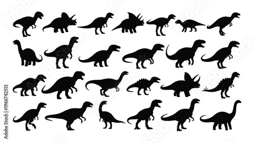 A collection of various dinosaur silhouettes including tyrannosaurus rex and triceratops arranged across a white background silhouette high quality professional detailed