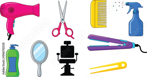 Hair Salon and Beauty Tools Set Featuring Hair Dryer, Scissors, Comb, Mirror, Chair, Spray Bottle, and Straightener for Haircare and Styling Concepts