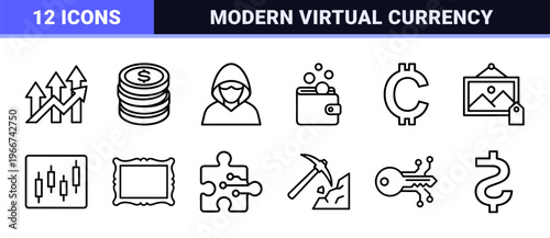 Cryptocurrency Blockchain Technology and Digital Finance Concept Icons Featuring minimalist Monoline Geometric Line Art and Technical Design