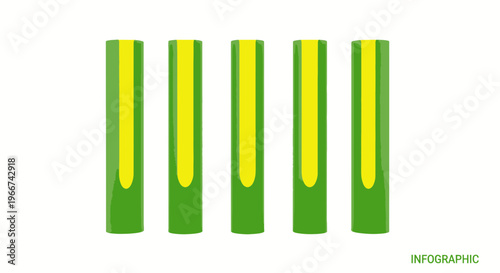 Five green and yellow cylindrical infographic elements on white background
