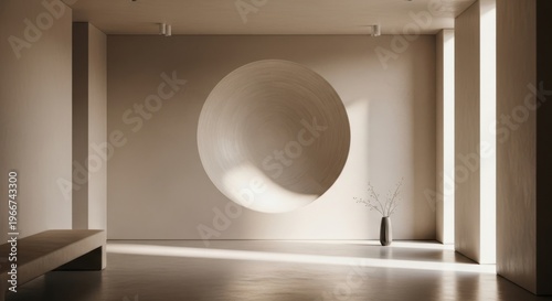 Minimalist interior with large circular wall art and natural light