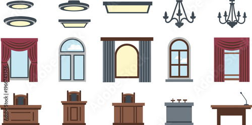 An assortment of interior design elements including ceiling lights, chandeliers, and various types of window curtains and frames are presented.