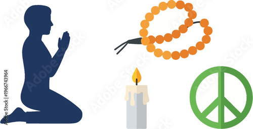 Illustrations of prayer, a candle, and a peace symbol representing spirituality and devotion