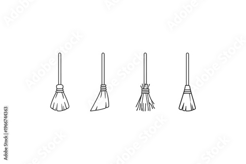 Four different styles of brooms in a simple line drawing on a white background