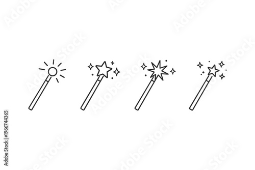 Collection of four simple line art magic wands with sparkling effects