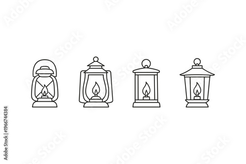 Collection of four distinct kerosene lantern line art illustrations on a white background