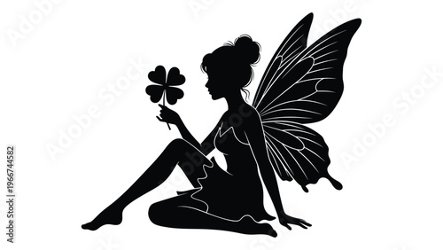 A delicate fairy with ornate wings kneels presenting a four leaf clover in a striking black silhouette high quality professional detailed