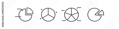 Set of simple line icons representing pie charts with different segments and divisions