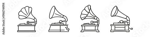 Collection of vintage gramophones in a simple line art style