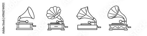 Collection of vintage gramophones in a simple line art style