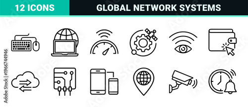 Premium Internet Technology and Global Connectivity Line Art; Minimalist Geometric Monoline Symbols for Digital Network Infrastructure.
