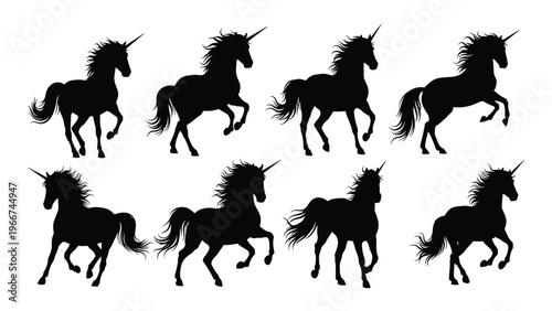 A collection of black unicorn silhouettes in various dynamic poses showcasing mythical beauty and grace silhouette high quality professional detailed modern