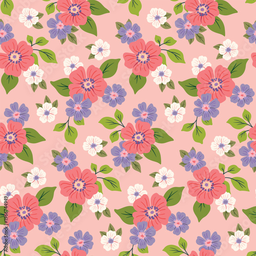 Seamless floral pattern, liberty ditsy print in cute folk motif. Girly botanical design of hand drawn simple bouquets, small daisy flowers, large abstract leaves, pink background. Vector illustration.