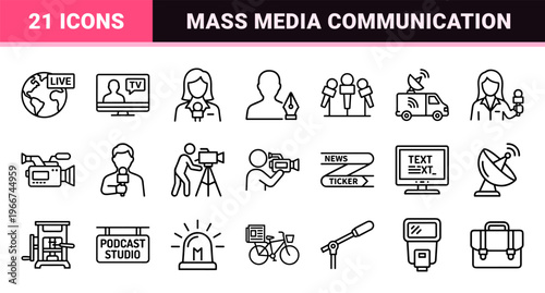 Journalism and Mass Media Minimalist Monoline Geometric Line Art Set for News Broadcasting, Press, and Digital Reporting Workflow.