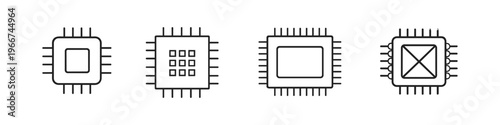 Collection of four different microchip icons with pins on a white background
