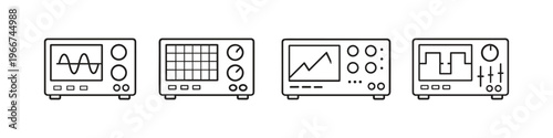 Set of four oscilloscope icons showing different waveforms and grid displays