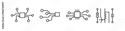 Set of electronic circuit diagrams and component icons for technology and engineering