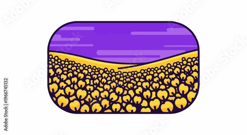 A dense field of yellow flowers beneath a purple sky with abstract clouds