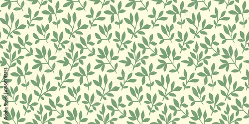 Seamless botanical pattern, repeat print with simple leaf silhouettes. Cute floral design, texture of hand drawn small foliage, tiny green twigs in abstract. Vector illustration in two colors.