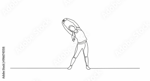 Woman stretching side body, fitness, yoga, healthy lifestyle, continuous line drawing