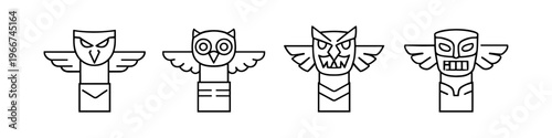 Collection of stylized totem pole icons featuring owl and mask designs