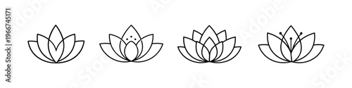 Set of four minimalist lotus flower line art icons for wellness and beauty brands