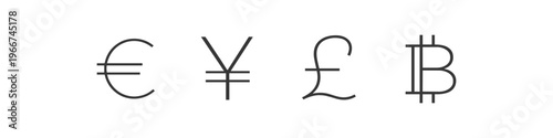 Euro, Yen, Pound, and Bitcoin symbols displayed in a clean, modern line art style