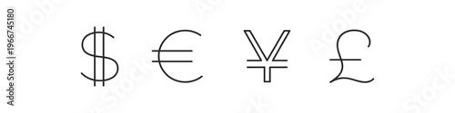 Global currency symbols including dollar, euro, yen, and pound sterling