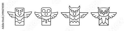 Collection of stylized owl totem poles with wings in a simple line art style