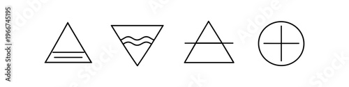 Four elemental symbols representing earth, water, air, and fire in a minimalist line art style