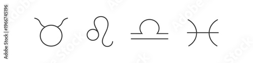 Four minimalist zodiac signs in a row on a white background