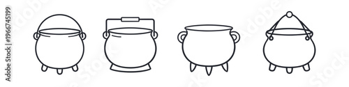 Collection of four stylized cauldron icons with different handles and bases