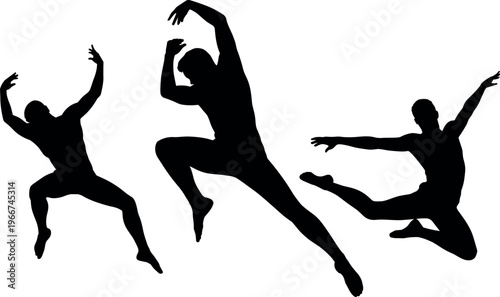 Silhouettes of male dancers jumping in dynamic poses, contemporary dance performance and movement concept vector illustration isolated on white background