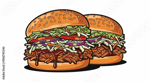 Two delicious pulled pork sandwiches piled high with toppings on buns