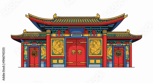 Traditional Chinese gatehouse with vibrant colors and ornate dragon designs