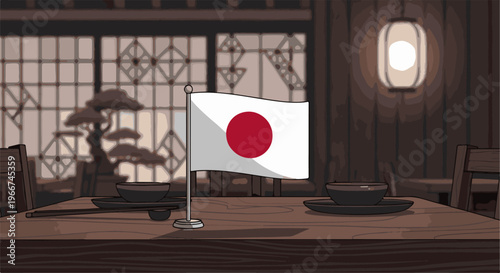 Traditional Japanese restaurant setting with flag on table