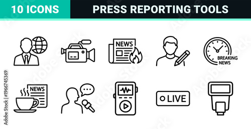 Journalism and Mass Media Communication Minimalist Monoline Outline Symbols Featuring Press Broadcasting News and Digital Reporting Tools