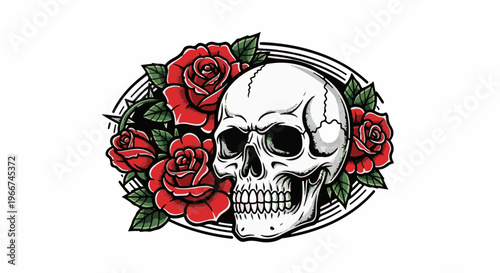 Tattoo style illustration of a skull surrounded by vibrant red roses and thorny vines