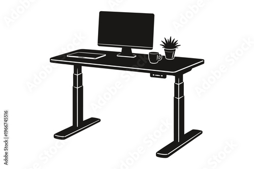 Modern ergonomic standing desk setup featuring an adjustable height workstation with a sleek computer monitor, tablet, coffee mug, and a decorative plant, perfect for a productive home office environm