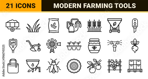 Sustainable Agriculture and Harvesting Modern Minimalist Monoline Line Art UI Symbols for Smart Farming and Industrial Horticulture Design