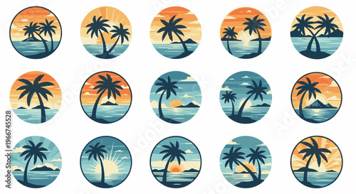 Stylized circular tropical beach sunset and sunrise scenes with palm trees