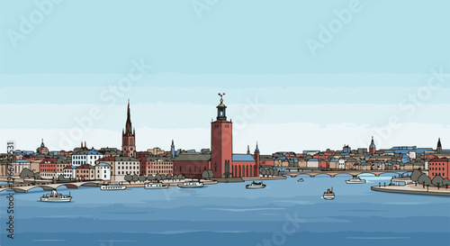 Stylized cityscape with prominent red tower, historical buildings, and boats on water