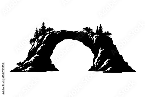 Majestic natural rock arch silhouette, a stunning geological formation featuring rugged cliffs and towering evergreen trees atop, illustrating a pristine wilderness landscape and the grandeur of natur
